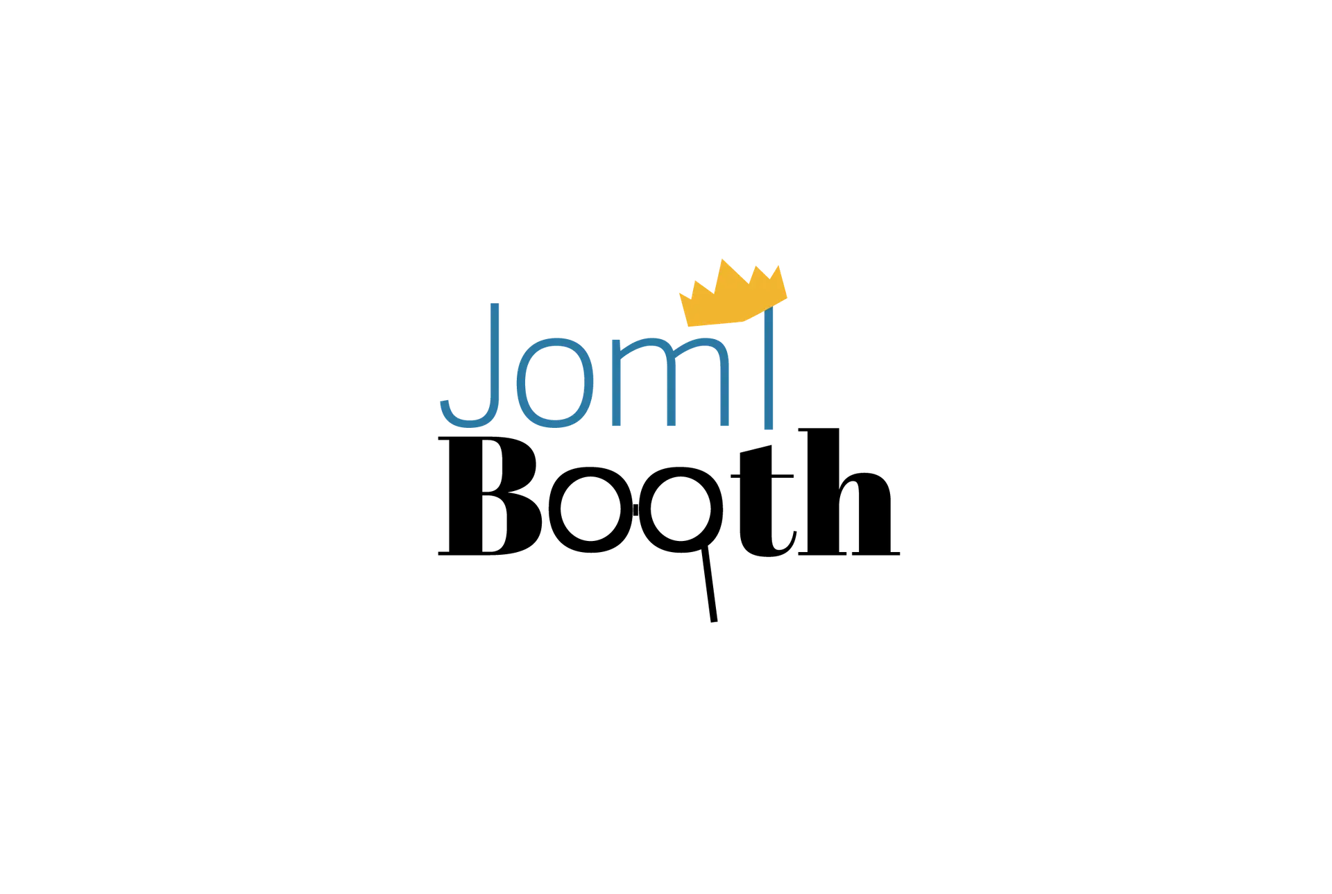 Jomibooth logo with a blue crown and black glasses integrated into the text. Description: A logo for Jomibooth featuring the word "Jomi" in blue with a gold crown over the "i", and "Booth" below it in black with glasses forming the "oo". The background is white.