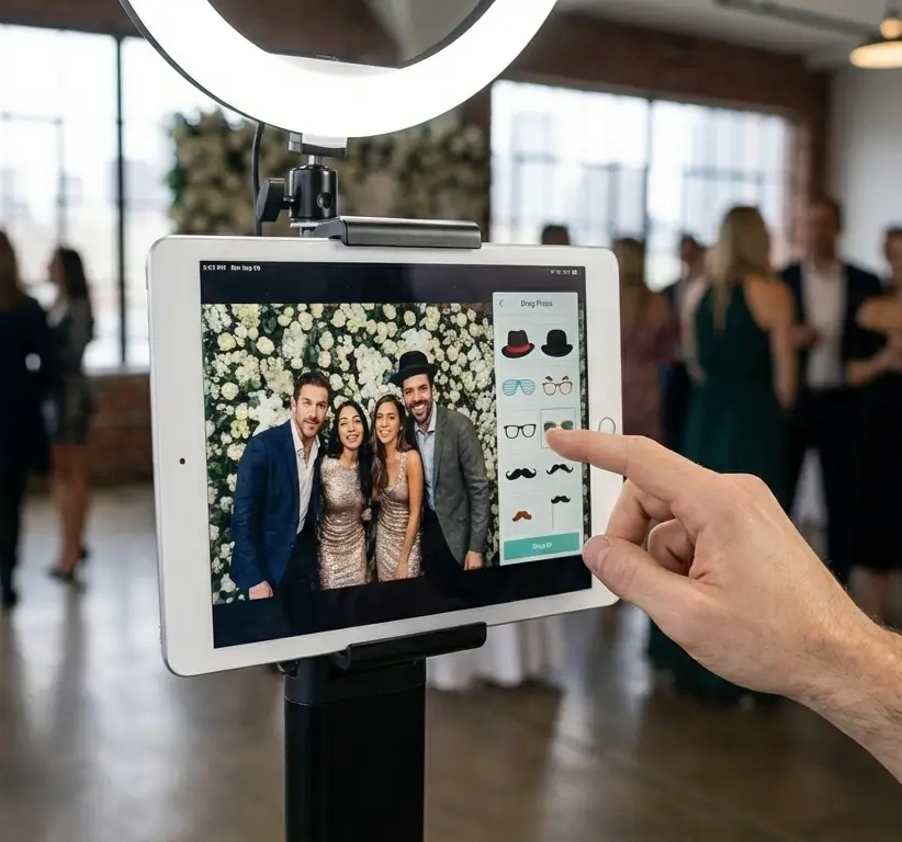 A close-up shot of a modern iPad photo booth interface. The screen displays the same diverse group of four friends from the previous photos, laughing and posing. Overlaying their image is a digital menu of virtual props like stylish glasses and hats. The iPad is set against the lush white rose and orchid floral backdrop in a chic urban loft.