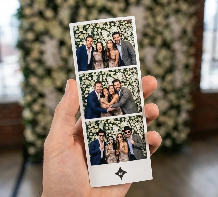 A close-up, minimalist shot of a hand holding a premium vertical photo strip. The strip features three different color poses of a diverse group of friends laughing in front of a white floral backdrop. The business logo is clearly visible at the bottom of the strip, set against the blurred background of a modern brick loft.